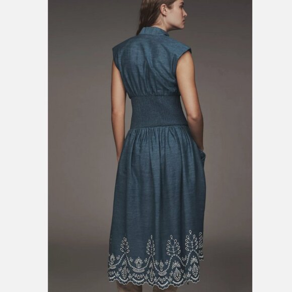 Anthropologie The Tommie Denim Chambray Zip Front Eyelet Trim Dress 2X NWT Blue - Picture 7 of 8